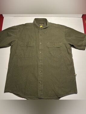Cabela's Chamois Shirt Mens L Green Pockets Short Sleeve Button-Up Outdoors
